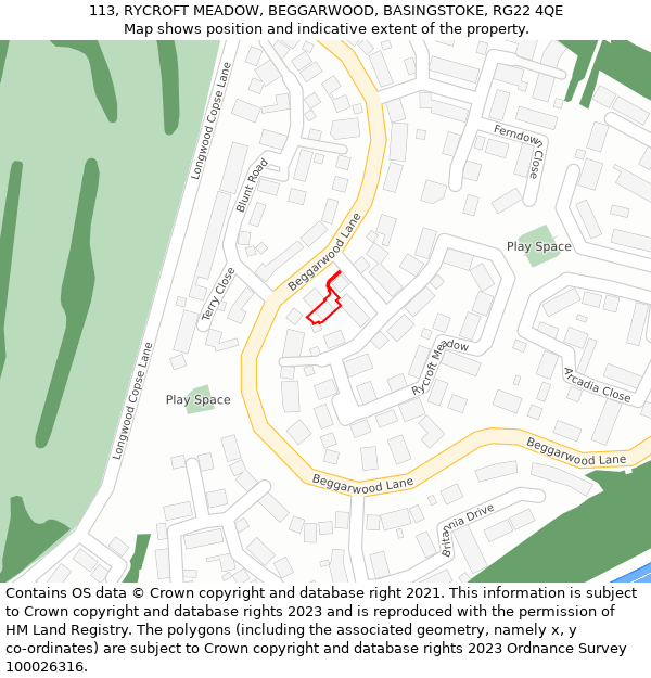 113, RYCROFT MEADOW, BEGGARWOOD, BASINGSTOKE, RG22 4QE: Location map and indicative extent of plot