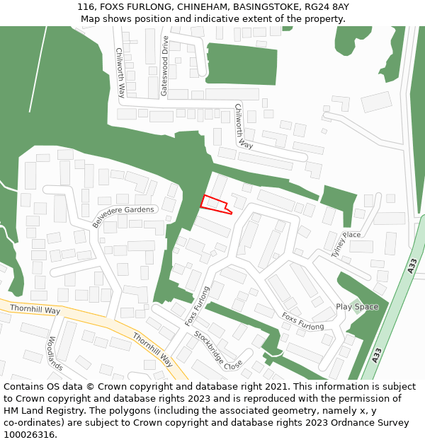 116, FOXS FURLONG, CHINEHAM, BASINGSTOKE, RG24 8AY: Location map and indicative extent of plot