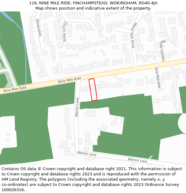 116, NINE MILE RIDE, FINCHAMPSTEAD, WOKINGHAM, RG40 4JA: Location map and indicative extent of plot