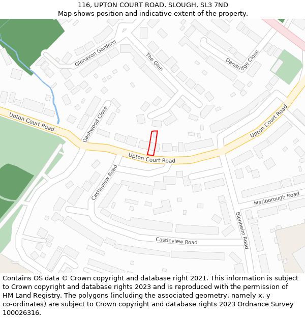 116, UPTON COURT ROAD, SLOUGH, SL3 7ND: Location map and indicative extent of plot