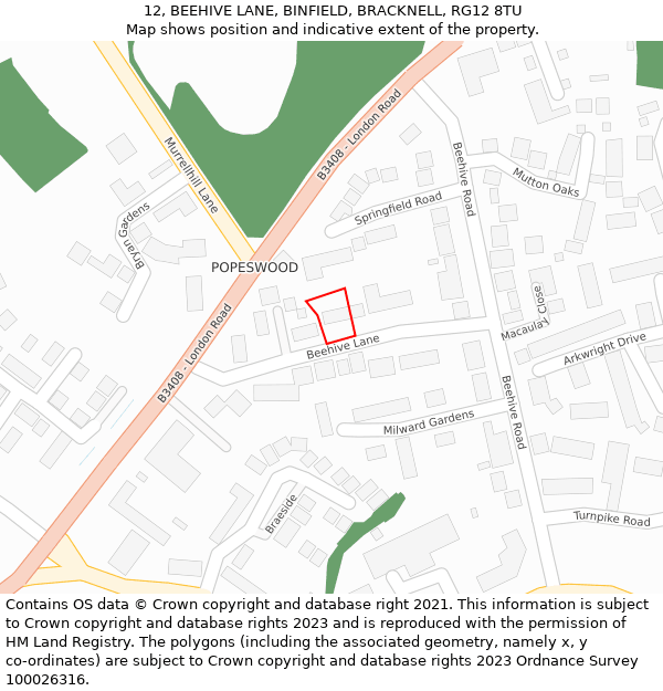 12, BEEHIVE LANE, BINFIELD, BRACKNELL, RG12 8TU: Location map and indicative extent of plot
