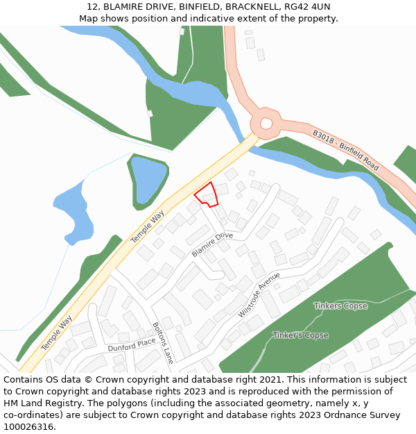 12, BLAMIRE DRIVE, BINFIELD, BRACKNELL, RG42 4UN: Location map and indicative extent of plot