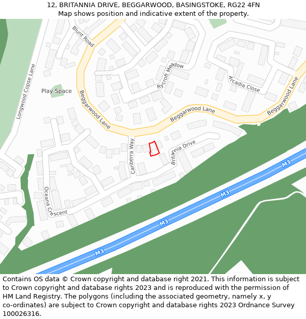 12, BRITANNIA DRIVE, BEGGARWOOD, BASINGSTOKE, RG22 4FN: Location map and indicative extent of plot