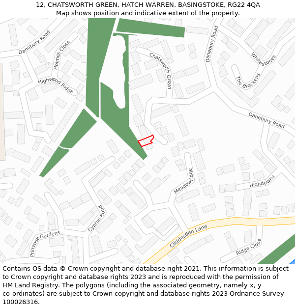 12, CHATSWORTH GREEN, HATCH WARREN, BASINGSTOKE, RG22 4QA: Location map and indicative extent of plot