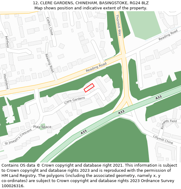 12, CLERE GARDENS, CHINEHAM, BASINGSTOKE, RG24 8LZ: Location map and indicative extent of plot