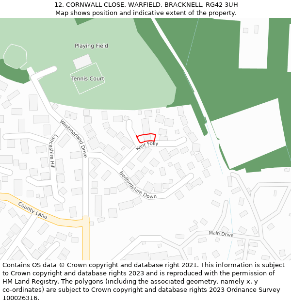 12, CORNWALL CLOSE, WARFIELD, BRACKNELL, RG42 3UH: Location map and indicative extent of plot