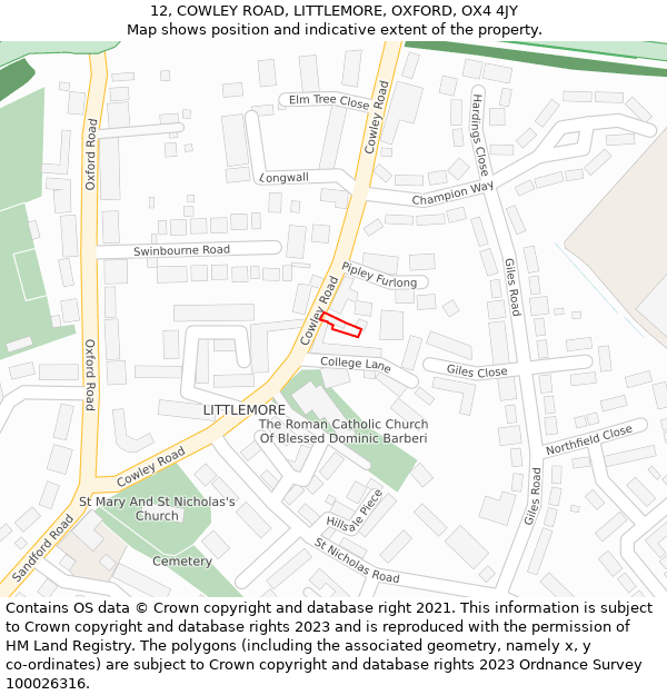 12, COWLEY ROAD, LITTLEMORE, OXFORD, OX4 4JY: Location map and indicative extent of plot