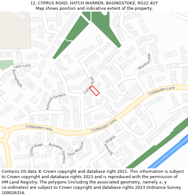 12, CYPRUS ROAD, HATCH WARREN, BASINGSTOKE, RG22 4UY: Location map and indicative extent of plot