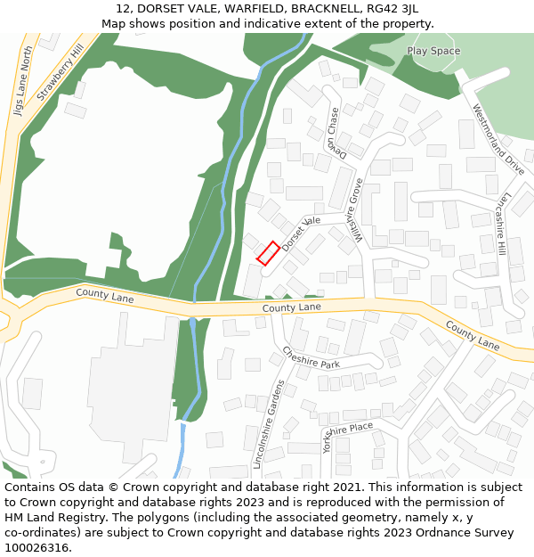 12, DORSET VALE, WARFIELD, BRACKNELL, RG42 3JL: Location map and indicative extent of plot