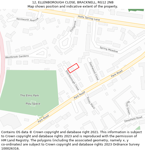 12, ELLENBOROUGH CLOSE, BRACKNELL, RG12 2NB: Location map and indicative extent of plot