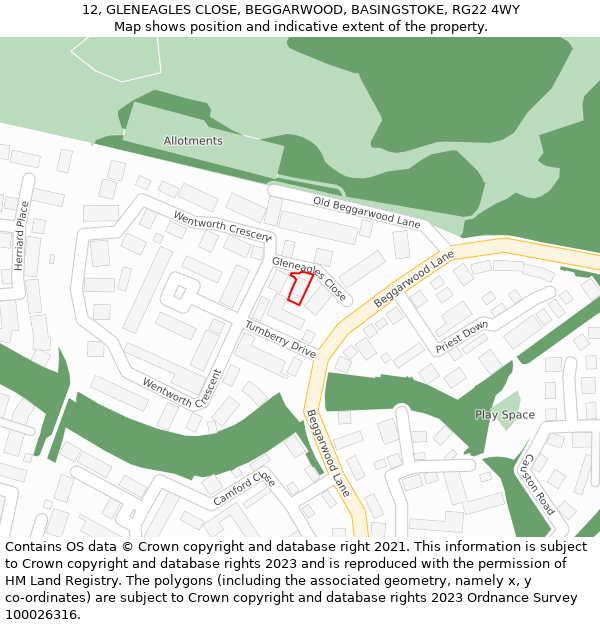 12, GLENEAGLES CLOSE, BEGGARWOOD, BASINGSTOKE, RG22 4WY: Location map and indicative extent of plot