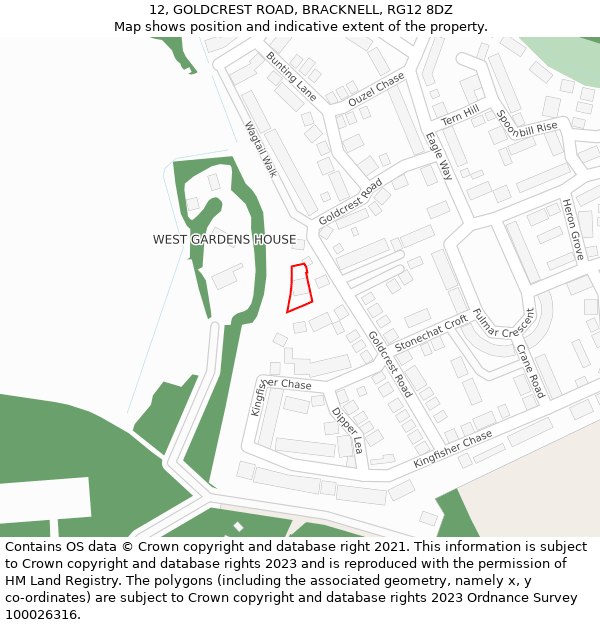 12, GOLDCREST ROAD, BRACKNELL, RG12 8DZ: Location map and indicative extent of plot
