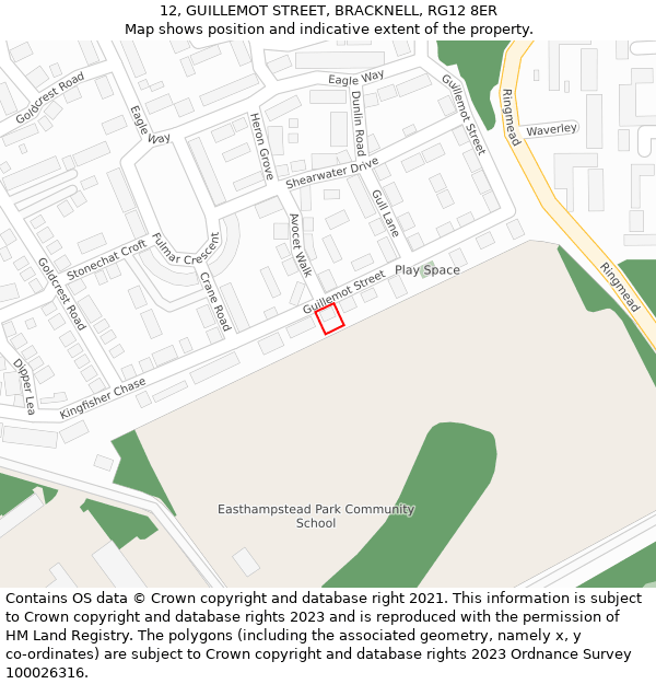 12, GUILLEMOT STREET, BRACKNELL, RG12 8ER: Location map and indicative extent of plot