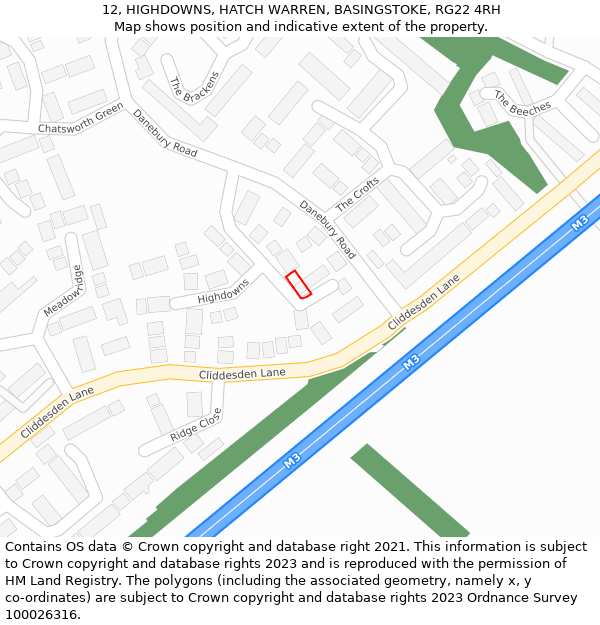 12, HIGHDOWNS, HATCH WARREN, BASINGSTOKE, RG22 4RH: Location map and indicative extent of plot