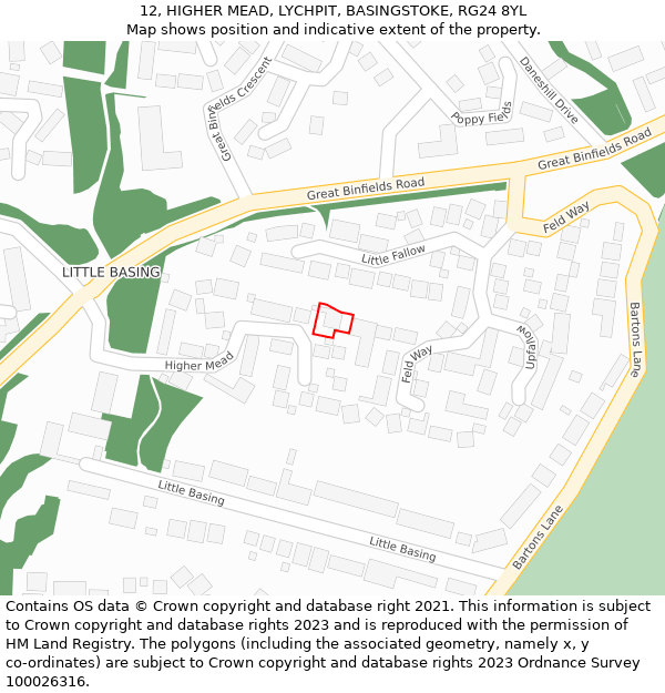 12, HIGHER MEAD, LYCHPIT, BASINGSTOKE, RG24 8YL: Location map and indicative extent of plot