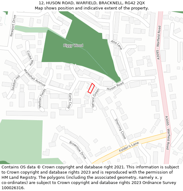 12, HUSON ROAD, WARFIELD, BRACKNELL, RG42 2QX: Location map and indicative extent of plot