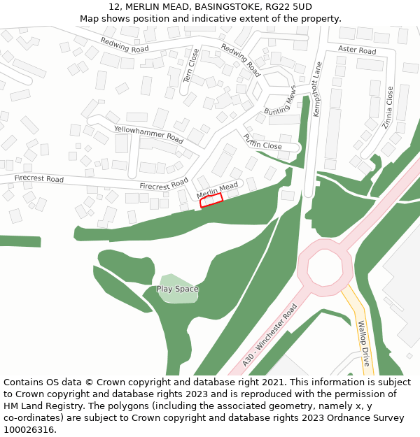 12, MERLIN MEAD, BASINGSTOKE, RG22 5UD: Location map and indicative extent of plot