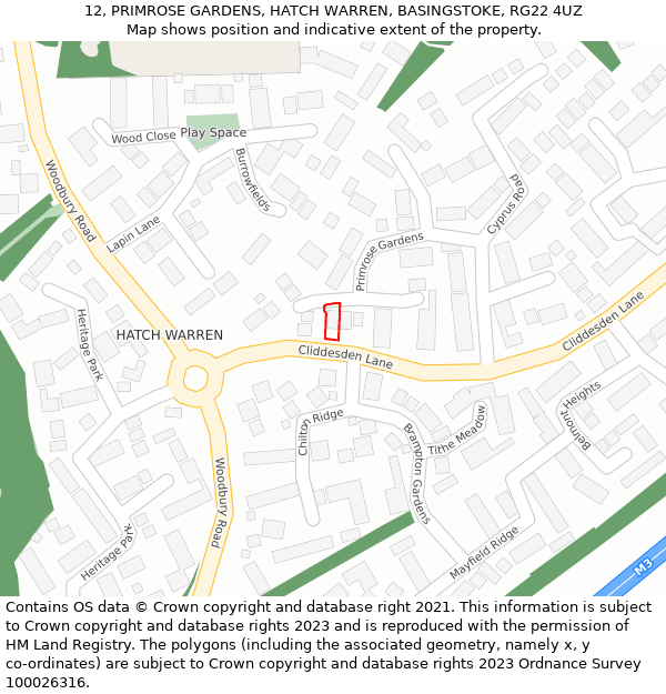 12, PRIMROSE GARDENS, HATCH WARREN, BASINGSTOKE, RG22 4UZ: Location map and indicative extent of plot