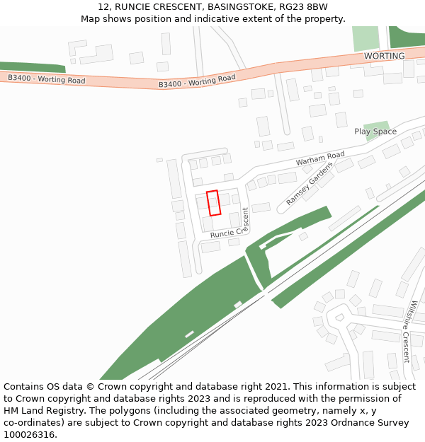 12, RUNCIE CRESCENT, BASINGSTOKE, RG23 8BW: Location map and indicative extent of plot