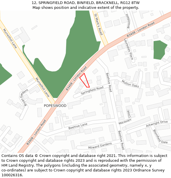 12, SPRINGFIELD ROAD, BINFIELD, BRACKNELL, RG12 8TW: Location map and indicative extent of plot