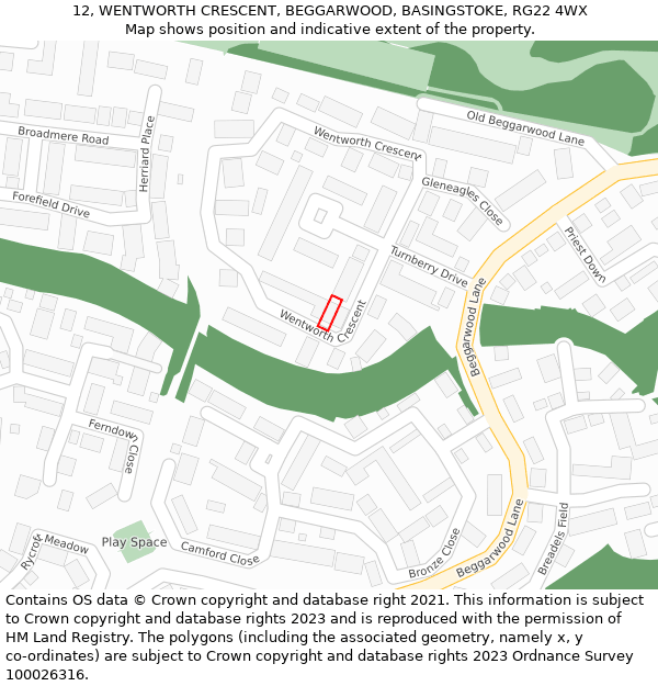 12, WENTWORTH CRESCENT, BEGGARWOOD, BASINGSTOKE, RG22 4WX: Location map and indicative extent of plot