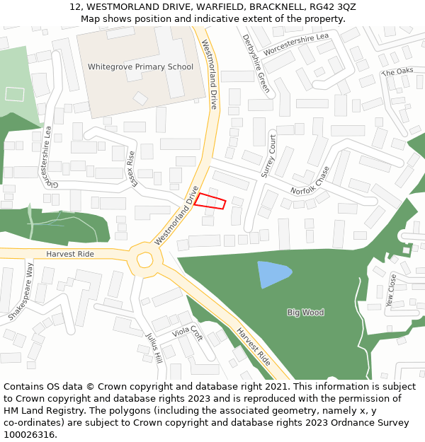 12, WESTMORLAND DRIVE, WARFIELD, BRACKNELL, RG42 3QZ: Location map and indicative extent of plot