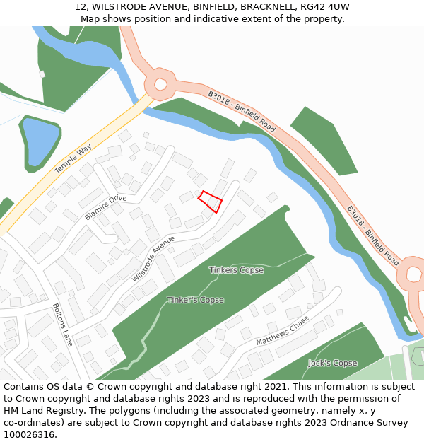 12, WILSTRODE AVENUE, BINFIELD, BRACKNELL, RG42 4UW: Location map and indicative extent of plot