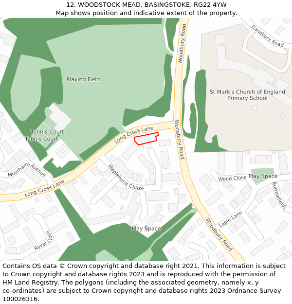 12, WOODSTOCK MEAD, BASINGSTOKE, RG22 4YW: Location map and indicative extent of plot