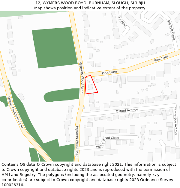 12, WYMERS WOOD ROAD, BURNHAM, SLOUGH, SL1 8JH: Location map and indicative extent of plot