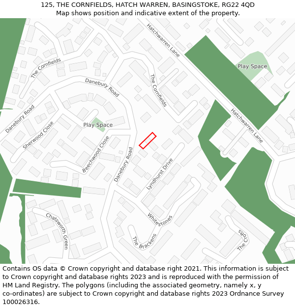 125, THE CORNFIELDS, HATCH WARREN, BASINGSTOKE, RG22 4QD: Location map and indicative extent of plot