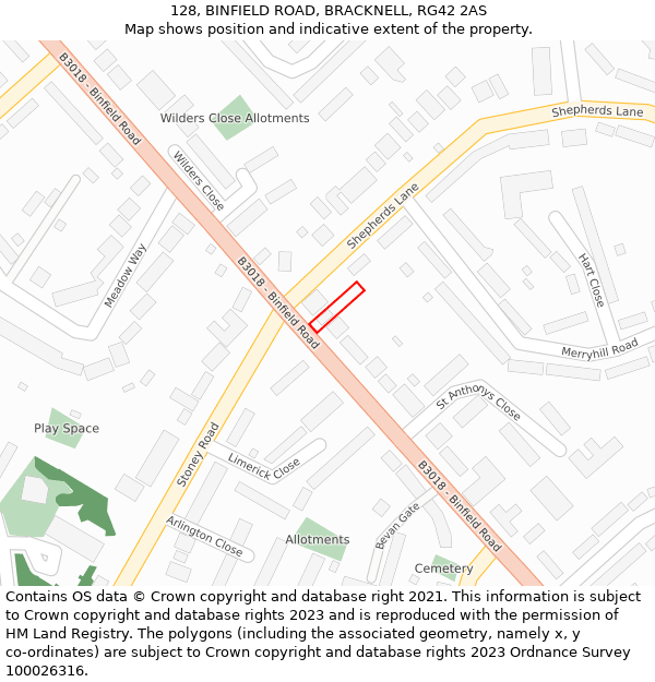 128, BINFIELD ROAD, BRACKNELL, RG42 2AS: Location map and indicative extent of plot