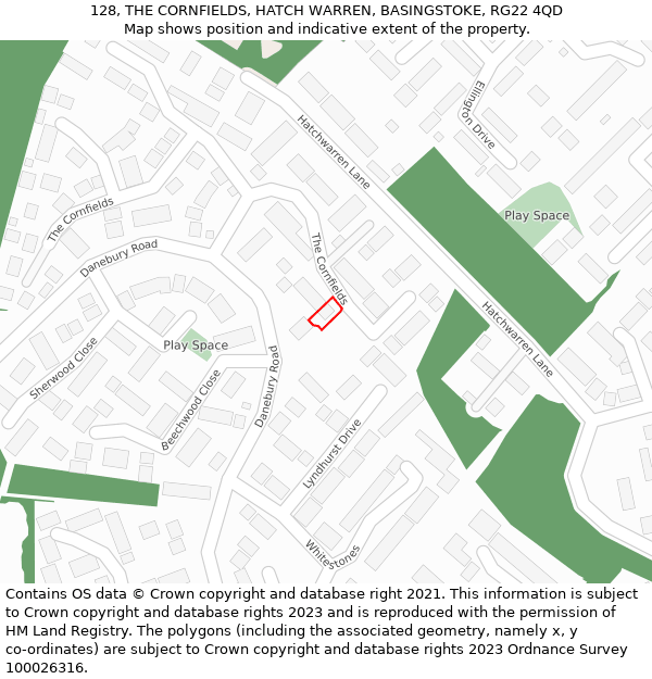 128, THE CORNFIELDS, HATCH WARREN, BASINGSTOKE, RG22 4QD: Location map and indicative extent of plot