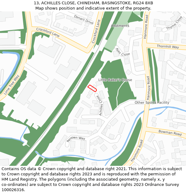 13, ACHILLES CLOSE, CHINEHAM, BASINGSTOKE, RG24 8XB: Location map and indicative extent of plot