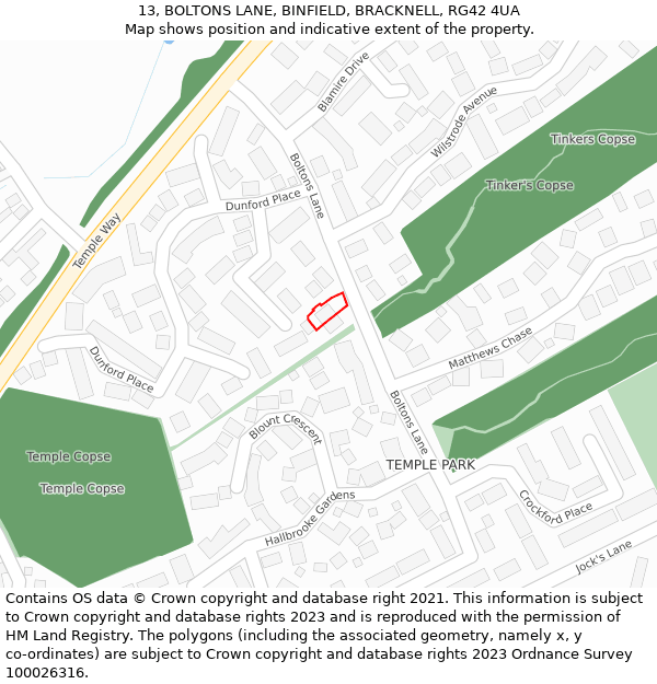 13, BOLTONS LANE, BINFIELD, BRACKNELL, RG42 4UA: Location map and indicative extent of plot