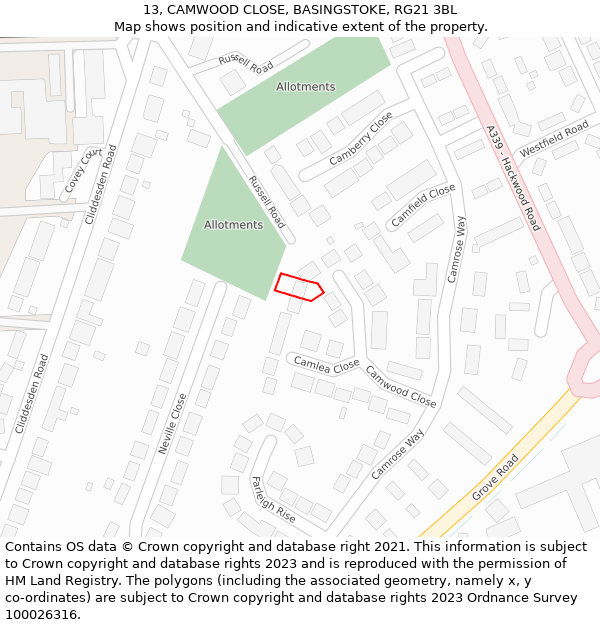 13, CAMWOOD CLOSE, BASINGSTOKE, RG21 3BL: Location map and indicative extent of plot