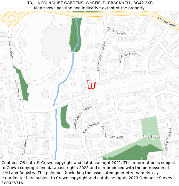 13, LINCOLNSHIRE GARDENS, WARFIELD, BRACKNELL, RG42 3XB: Location map and indicative extent of plot