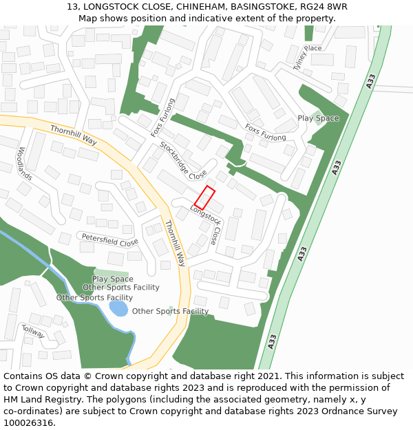 13, LONGSTOCK CLOSE, CHINEHAM, BASINGSTOKE, RG24 8WR: Location map and indicative extent of plot