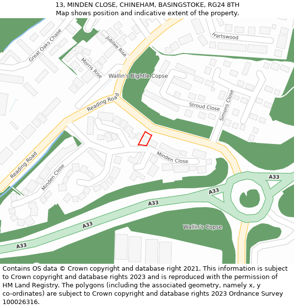 13, MINDEN CLOSE, CHINEHAM, BASINGSTOKE, RG24 8TH: Location map and indicative extent of plot