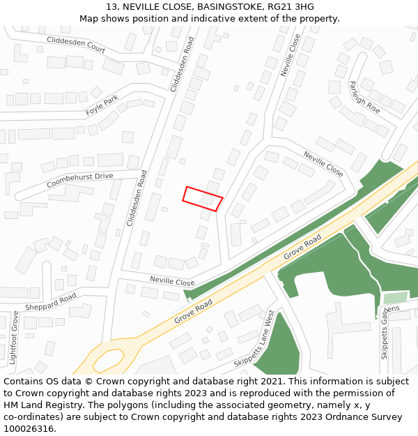 13, NEVILLE CLOSE, BASINGSTOKE, RG21 3HG: Location map and indicative extent of plot