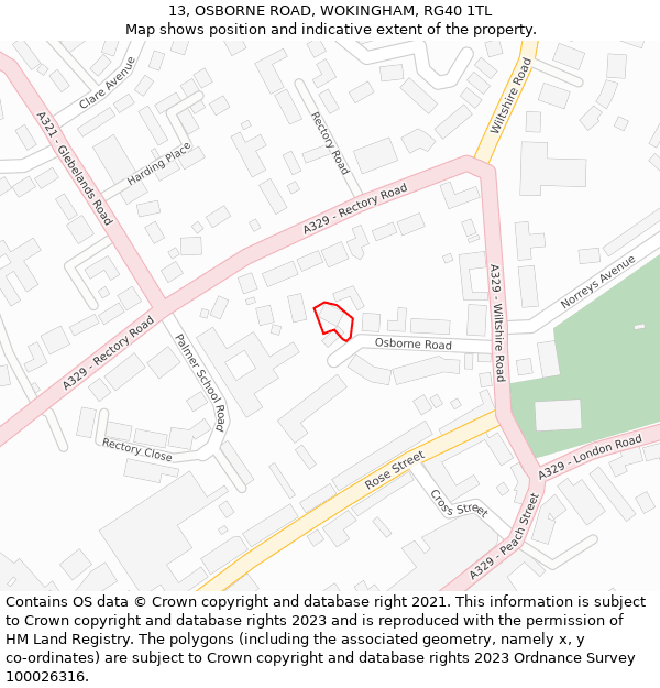13, OSBORNE ROAD, WOKINGHAM, RG40 1TL: Location map and indicative extent of plot