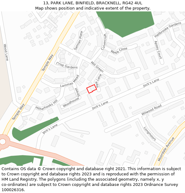 13, PARK LANE, BINFIELD, BRACKNELL, RG42 4UL: Location map and indicative extent of plot