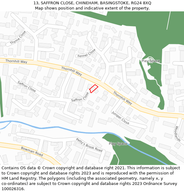 13, SAFFRON CLOSE, CHINEHAM, BASINGSTOKE, RG24 8XQ: Location map and indicative extent of plot