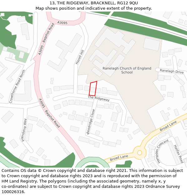 13, THE RIDGEWAY, BRACKNELL, RG12 9QU: Location map and indicative extent of plot