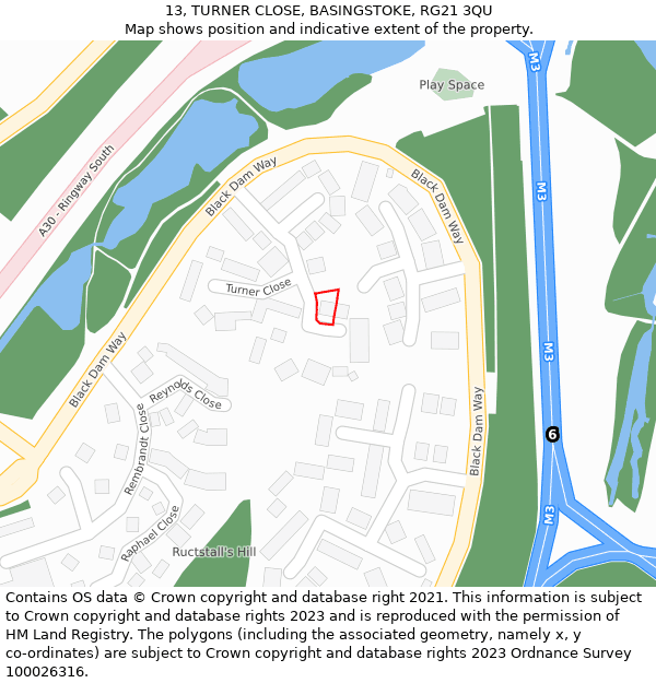 13, TURNER CLOSE, BASINGSTOKE, RG21 3QU: Location map and indicative extent of plot