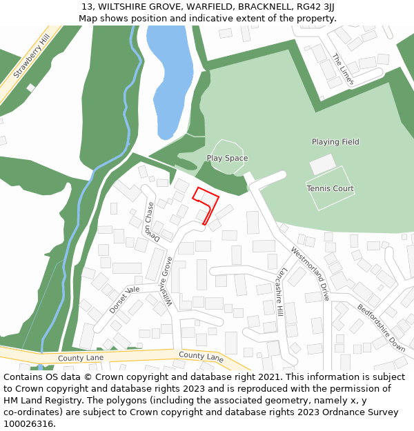 13, WILTSHIRE GROVE, WARFIELD, BRACKNELL, RG42 3JJ: Location map and indicative extent of plot