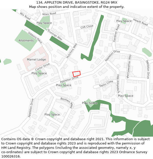 134, APPLETON DRIVE, BASINGSTOKE, RG24 9RX: Location map and indicative extent of plot