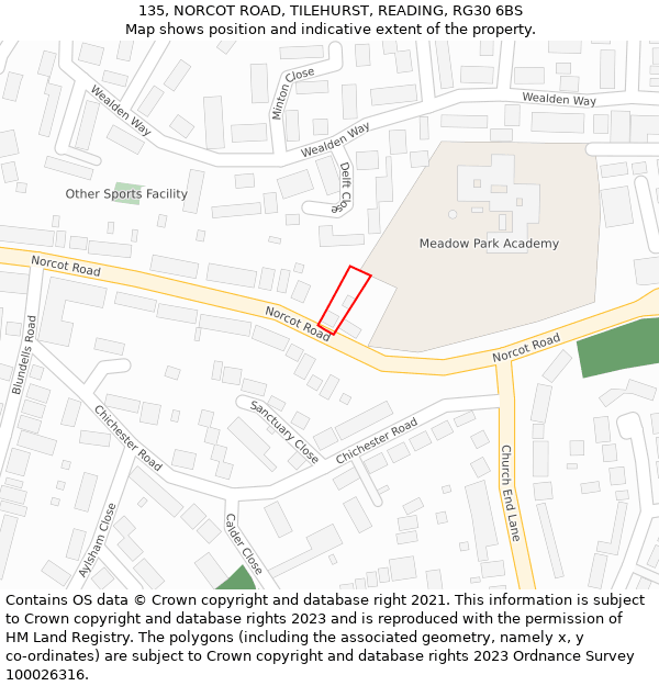 135, NORCOT ROAD, TILEHURST, READING, RG30 6BS: Location map and indicative extent of plot