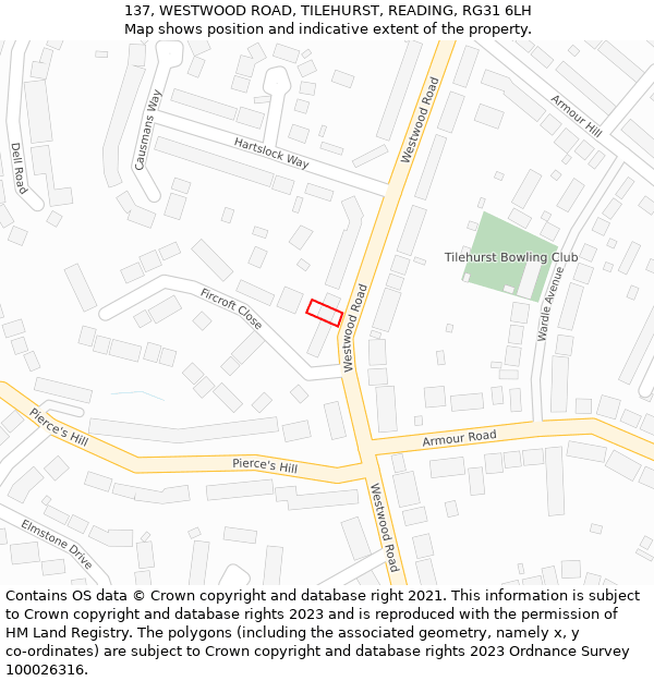 137, WESTWOOD ROAD, TILEHURST, READING, RG31 6LH: Location map and indicative extent of plot
