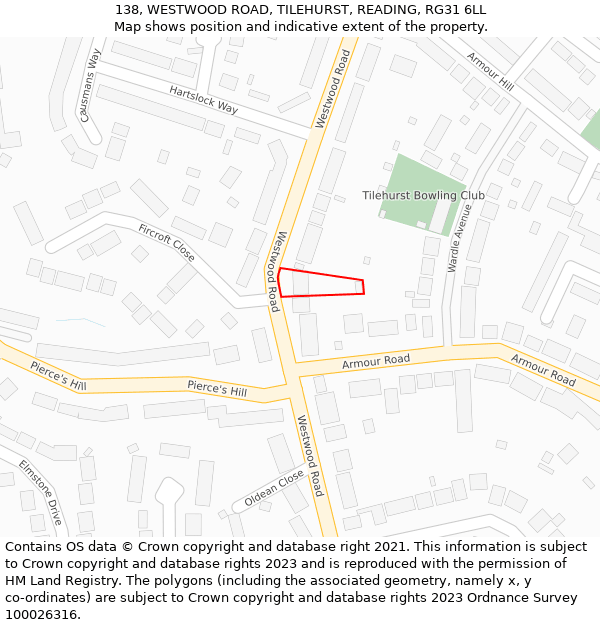 138, WESTWOOD ROAD, TILEHURST, READING, RG31 6LL: Location map and indicative extent of plot