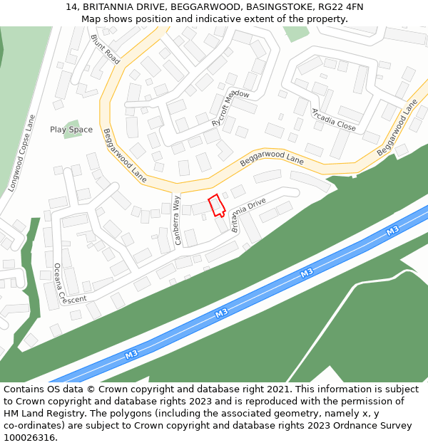 14, BRITANNIA DRIVE, BEGGARWOOD, BASINGSTOKE, RG22 4FN: Location map and indicative extent of plot